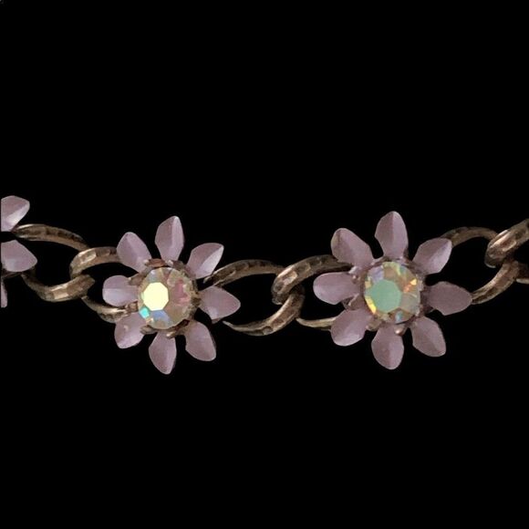 Vintage enamel lavender metal flower ab crystal  floral link necklace 15” - Picture 11 of 14